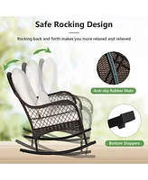 Patio Wicker Rocking Chair with Seat Back Cushions & Lumbar Pillow Porch