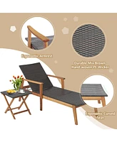 Costway 2PCS Patio Rattan Lounge Chair Chaise Recliner Wood Back Adjust W/Folding Table