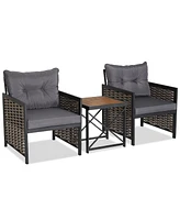 Costway 3 Pcs Patio Rattan Furniture Set Acacia Wood Coffee Table & 2 Chairs Backyard