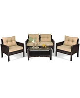Gymax 4PCS Rattan Wicker Patio Conversation Set Cushioned Outdoor Furniture Set