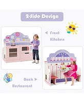 Costway 2 in 1 Kids Play Kitchen & Cafe Restaurant Wooden Pretend Cooking Playset Toy