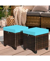 Gymax Set of 2 Patio Rattan Ottoman Footrest Garden Outdoor w/ Turquoise Cushion