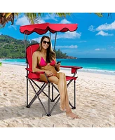 Gymax Folding Canopy Camping Chair Portable Beach Chair w/ Carrying Bag Blue
