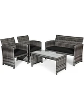 Gymax 8PCS Patio Outdoor Rattan Conversation Furniture Set w/ Black Cushion