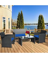 Gymax 4PCS Rattan Outdoor Conversation Set Patio Furniture Set w/ Navy Cushions