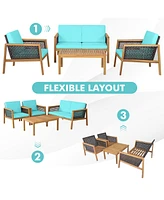 Gymax 8PCS Patio Acacia Wood Furniture Set Pe Rattan Conversation Set w/ Turquoise Cushions