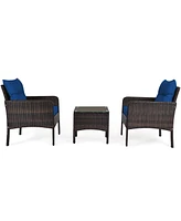 Gymax 3PCS Rattan Patio Conversation Furniture Set Yard Outdoor w/ Navy Cushions