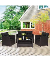 Gymax 4PCS Outdoor Conversation Set Patio Pe Rattan w/ Glass Table & Sofa Cushions Turquoise