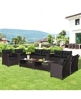 Gymax 4PCS Outdoor Conversation Set Patio Pe Rattan w/ Glass Table & Sofa Cushions Turquoise