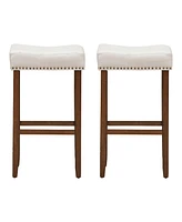 Costway Set of 2 Nailhead Saddle Bar linen Stools 29.5'' Height W/ Fabric Seat & Wood Legs