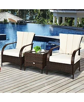 Costway 3 Pcs Patio Rattan Furniture Set Coffee Table & 2 Rattan Chair