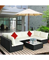 Costway 7PCS Patio Rattan Furniture Set Sectional Sofa Cushioned Glass Table