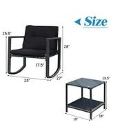 3PC Patio Rattan Conversation Set Rocking Chair Cushioned