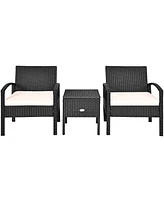 Costway 3PC Outdoor Patio Rattan Furniture Set Storage Coffee Table Cushioned Sofa