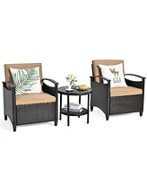 Costway 3PCS Patio Rattan Furniture Set Cushioned Sofa Storage Table W/ Shelf Garden