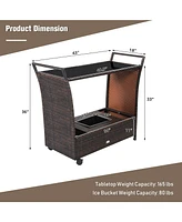 Patio Rattan Bar Serving Cart Wheels Ice Bucket Glass Top Handle Garden