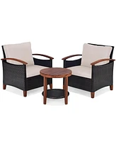 Costway 3PCS Patio Rattan Furniture Set Wooden Frame Cushion Table Shelf