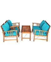 Gymax 4pcs Wooden Patio Furniture Set Table & Sectional Sofa w/ Turquoise Cushion