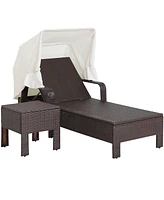 2PCS Patio Rattan Lounge Chair Chaise with Side Table Folding Canopy Cushion Pillow