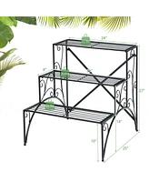 3-Tier Metal Plant Stand with Widened Grid Shelf for Porch Garden