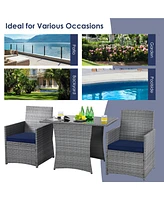 Gymax 3PCS Outdoor Rattan Conversation Set Patio Dining Table Set w/ Navy Cushions