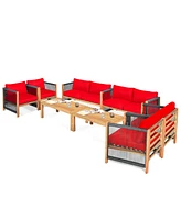 Gymax 8PCS Acacia Wood Outdoor Patio Furniture Conversation Set W/ Red Cushions