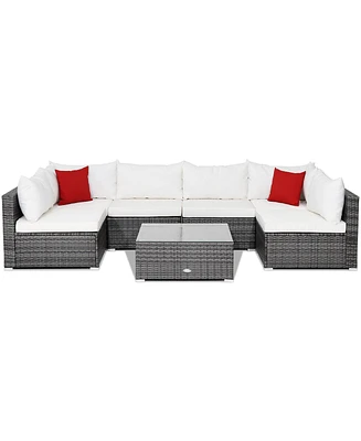 Gymax 7PCS Patio Rattan Sectional Sofa Set Outdoor Furniture Set w/ Grey Cushions