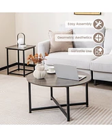 Costway 3 Pcs Coffee Table Set Round Coffee Table and 2 Pcs Square End Tables Metal Frame