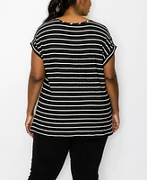 Coin 1804 Plus Size Pointelle Stripe Mitered Twist Front Top