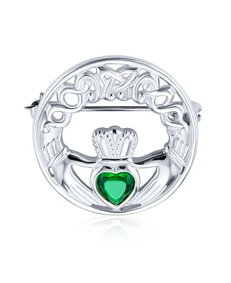 Bling Jewelry Irish Celtic Round Circle Claddagh Brooch Pin For Women Green Heart Shaped Cubic Zirconia Sterling Silver