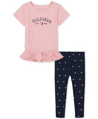 Tommy Hilfiger Little Girls Ruffle-Hem Logo Tunic & Logo-Print Leggings, 2 Piece Set