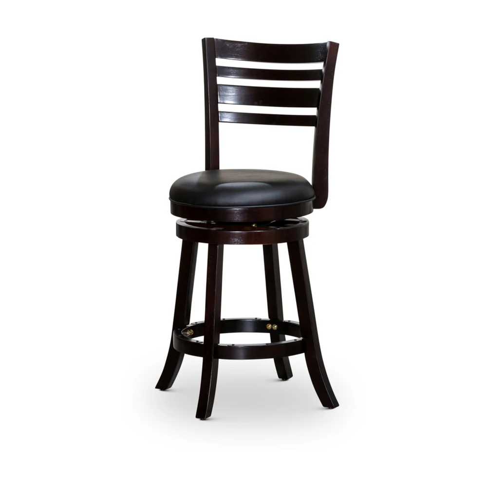 Simplie Fun 24" Counter Height Slat Back Swivel Stool, Espresso Finish, Black Leather Seat