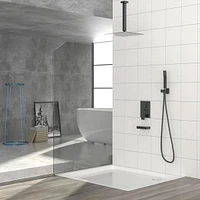 12" Rain Shower Head Systems With Waterfall Tub Spout, Matte Black, Ceiling Mounted Shower