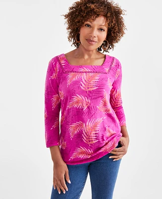 Style & Co Women's Printed Square-Neck 3/4-Sleeve Cotton Top, Created for Macy's