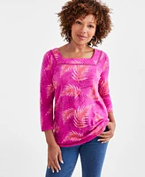 Style & Co Petite Palm Perfection Square-Neck Cotton Top, Created for Macy's