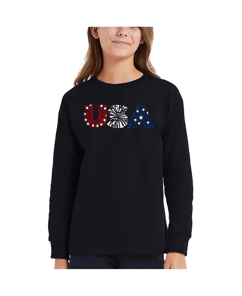 La Pop Art Girls Usa Fireworks Word Long Sleeve T-Shirt