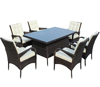 Patio 7-Piece Rectangular Dining Set With 6 Dining Chairs (Brown & Cushion)