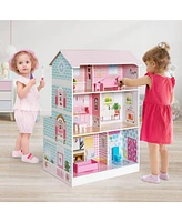 2-In-1 Double Sided Kids Kitchen Playset and Dollhouse with Furniture