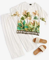 Jm Collection Womens Linen Blend Palm Print Tunic Top Cropped Pants Created For Macys