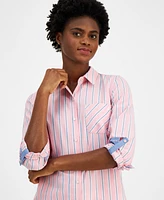 Nautica Jeans Women's Striped Roll-Tab-Sleeve Button-Front Shirt