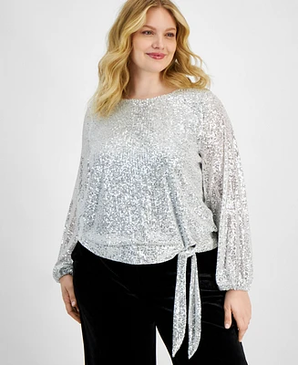 Tahari Asl Plus Sequin Round-Neck Long-Sleeve Blouse