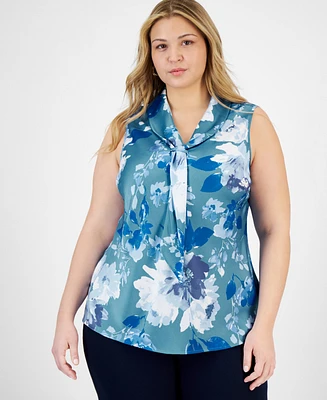 Tahari Asl Plus Size Printed Sailor Tie-Neck Blouse