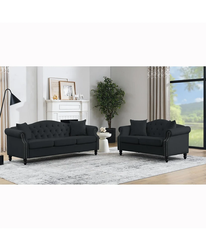 Simplie Fun Black Velvet 3-Seater Sofa with Rolled Arms & Nailhead