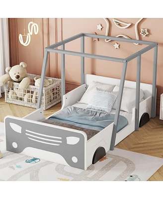 Simplie Fun Car-shaped Twin Size Bed with Wheels and Door Design