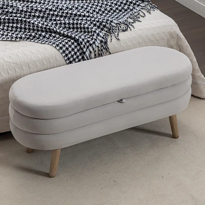 Velvet Fabric Storage Bench Bedroom Bench With Wood Legs For Living Room Bedroom Indoor, Light Gray