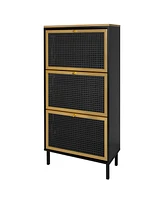 Simplie Fun 3 Metal Door Shoe Rack, Freestanding Modern Shoe Storage Cabinet, Metal Rattan, For Entryway