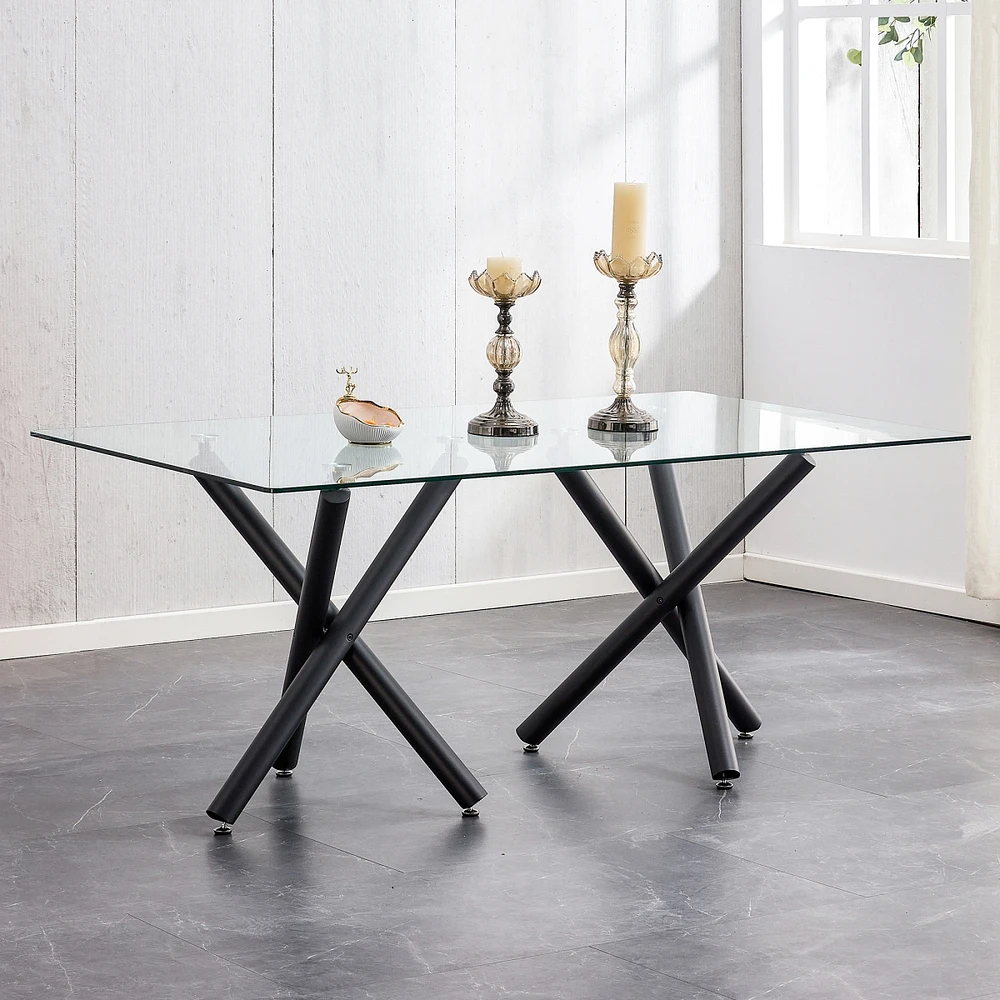 Simplie Fun Modern Glass Dining Table for 6-8, Black Metal Legs