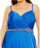 Mac Duggal Plus Size Beaded Belt Faux Wrap A Line Gown