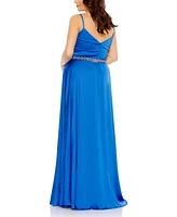 Mac Duggal Plus Size Beaded Belt Faux Wrap A Line Gown