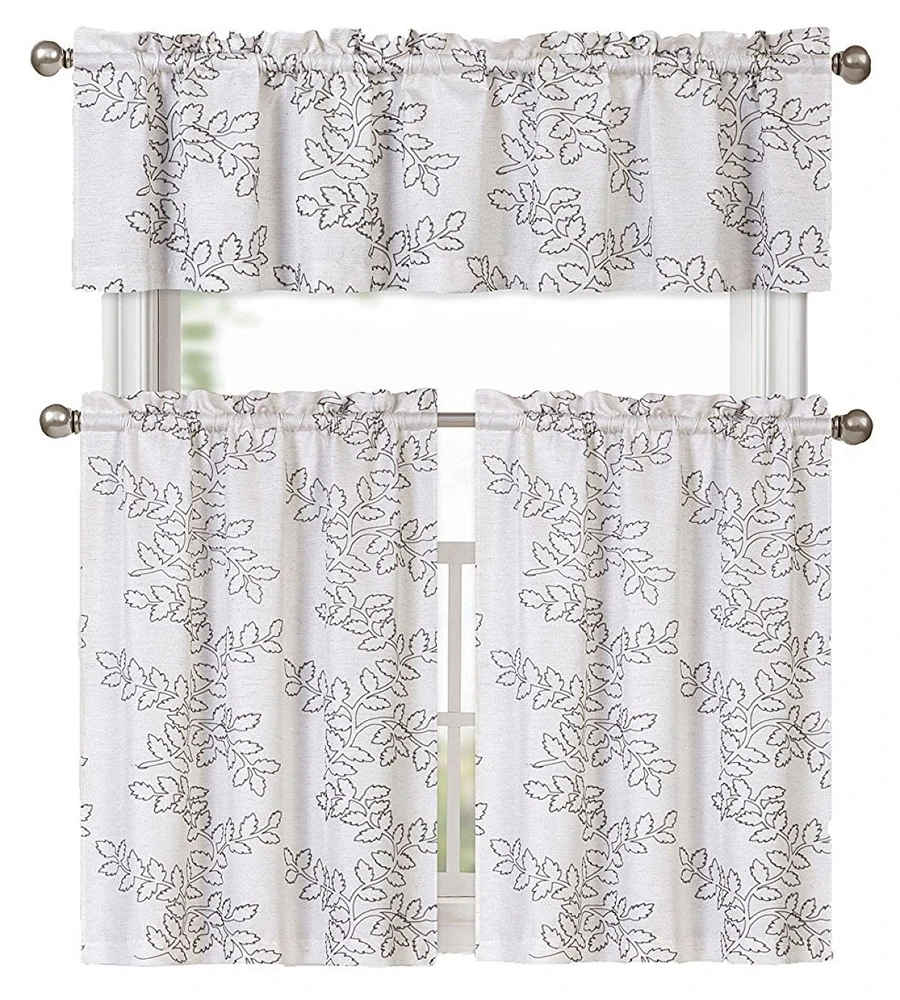 Kate Aurora Shabby Living Brielle Complete 3 Piece Embroidered Floral Cafe Kitchen Curtain Tier & Valance Set